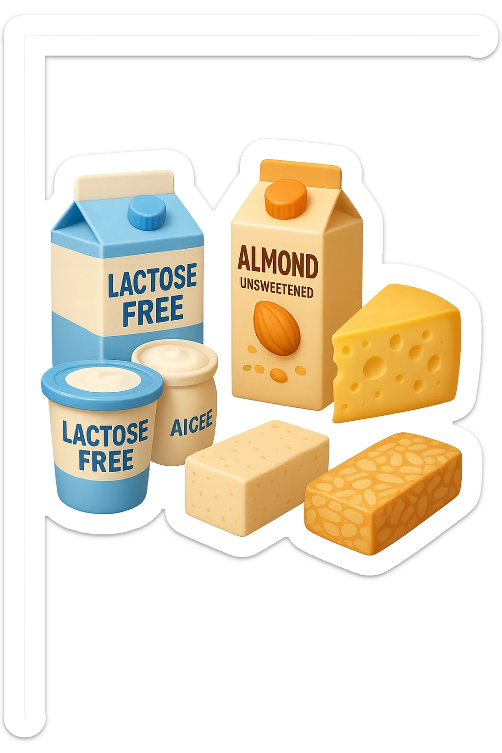 emoji stile iphone 3d di Latte e yogurt delattosati
Latte di mandorla (non zuccherato)
Latte di soia da proteine isolate
Formaggi stagionati (es. parmigiano)
Tofu compatto e tempeh
 che fluttuano in aria, iperealistico 4k sticker