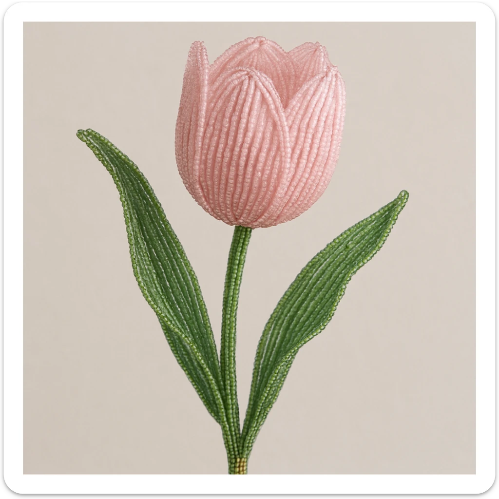 delicate french beaded tulip, baby pink petals, shimmering glass beads, handcrafted floral art, elegant and realistic sticker