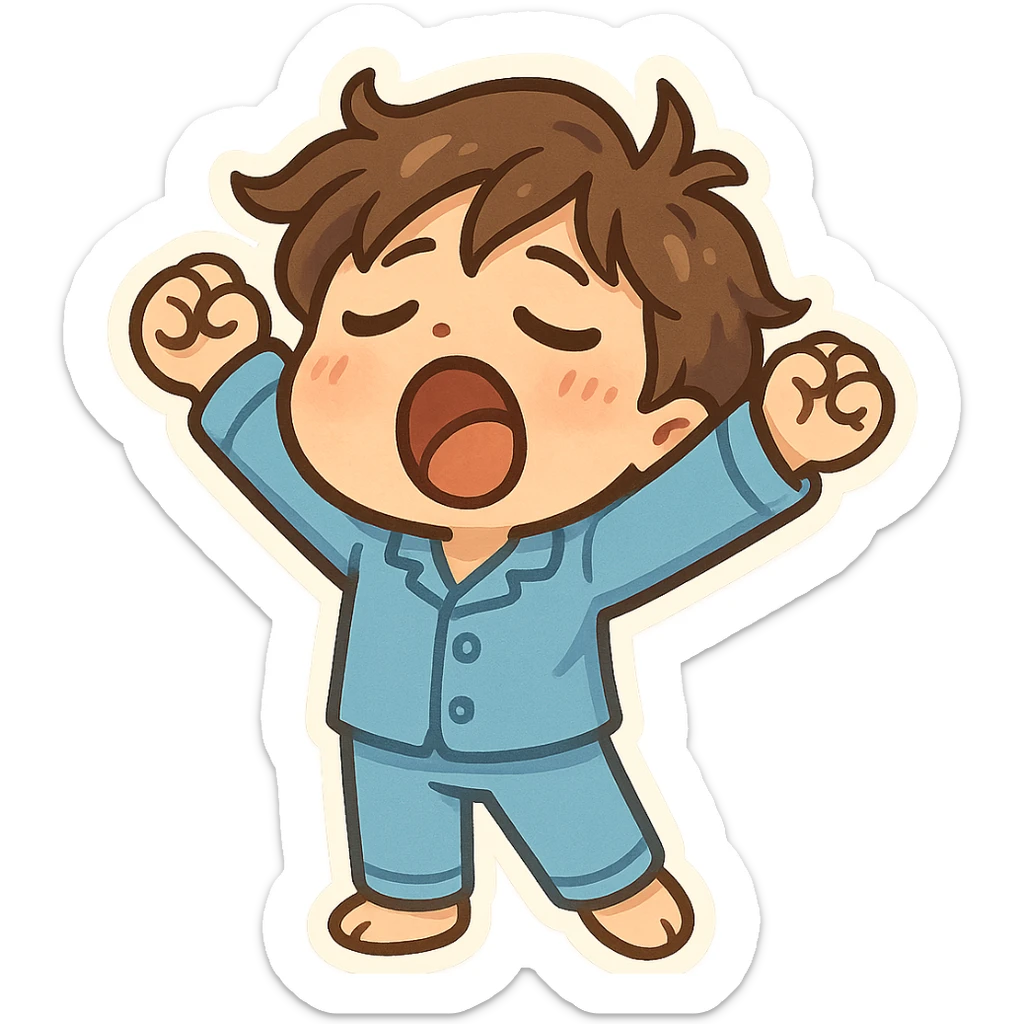 cartoon style emoji of a person stretching and yawning, wearing pajamas, tousled hair sticker