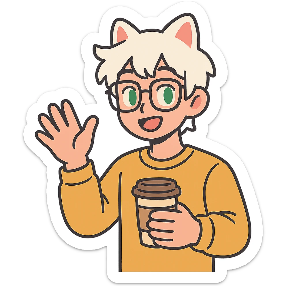 An anime guy with white hair, white cat ears, green eyes, and glasses, holding a coffee cup in his hand and waving sticker