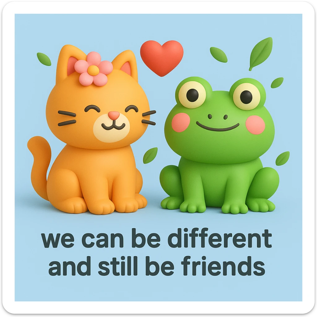A 3D iOS style illustration of a cat and a frog together, with a flower on the cat's head and a heart floating between them, conveying a message of friendship. The scene should have a light blue background with some green leaves scattered around. Include the text "we can be different and still be friends" at the bottom. sticker