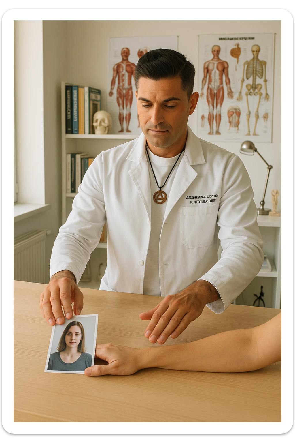 a middle-aged man, dressed in casual professional attire, is in a bright, organized therapy studio. Durante una visita di kinesiologia, il praticante tiene con una mano la foto di una persona lontana (il “testimone”) appoggiata su un tavolo, mentre con l’altra mano esegue un test muscolare su un cliente presente. Sullo sfondo si vedono libri di kinesiologia, poster anatomici e strumenti tipici della disciplina. L’atmosfera è concentrata e serena, con luce naturale che entra dalla finestra, sottolineando l’aspetto alternativo e umano della pratica. sticker