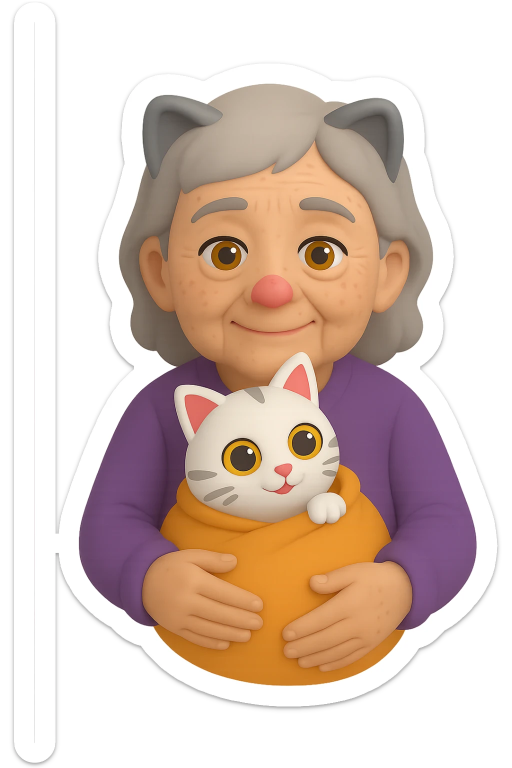 Make the grandmother look older with more wrinkles, gray hair, and age spots in a 3D emoji style. She is holding one cat. The background should be transparent with no background. sticker