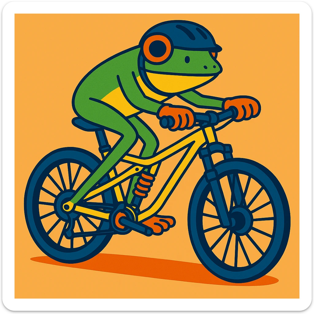 Add a helmet to the frog riding a full suspension mountain bike, keep the vibrant and playful style, preserve background. sticker