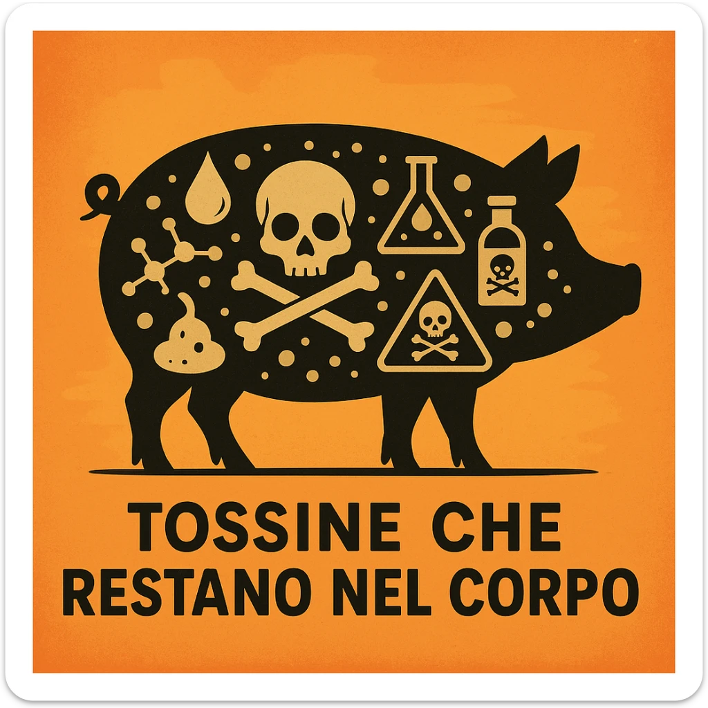 symbolic scene with silhouette of a pig containing stylized drawings of toxins and poisons inside, no sweat drops on skin, Italian text: 'Tossine che restano nel corpo', 4K quality sticker