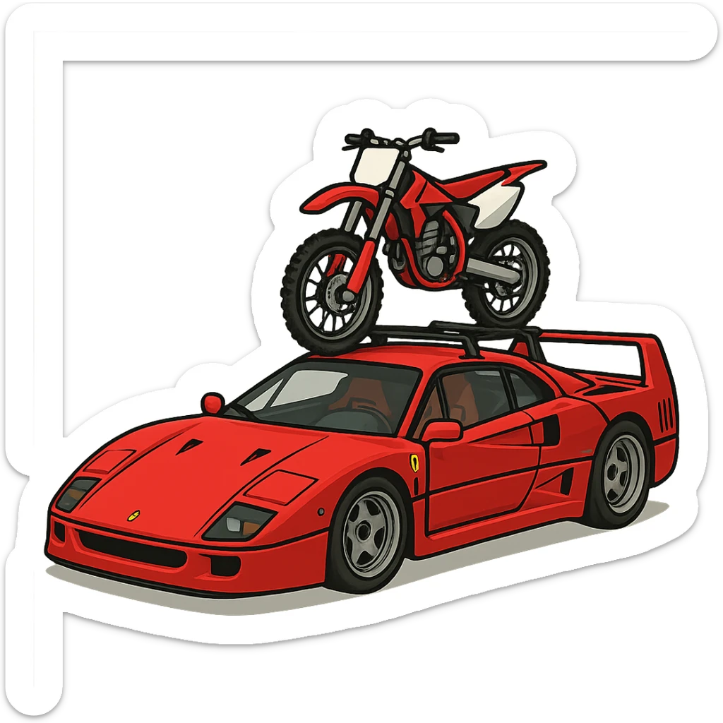 A stylized Ferrari F40 with a 125cc dirt bike on a visible roof rack, dirt bike to proper scale, transparent background sticker