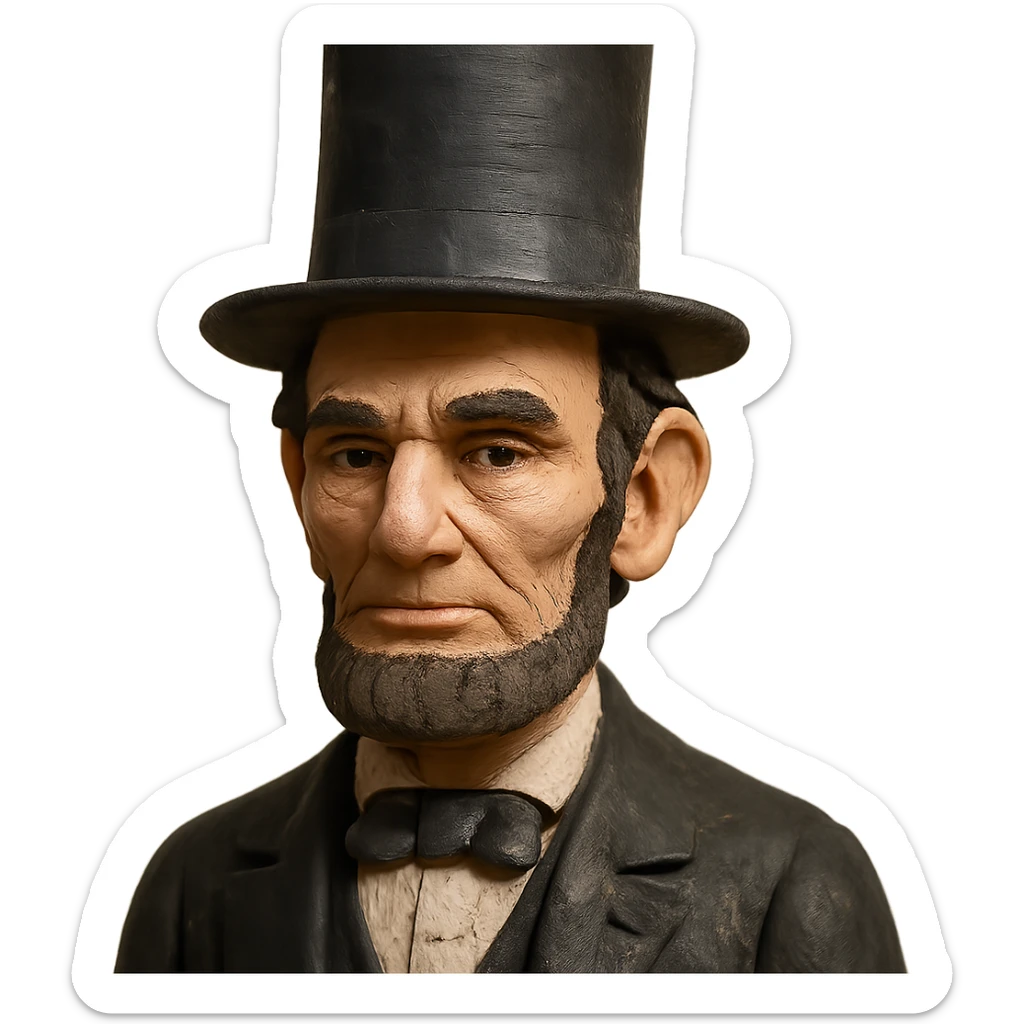 claymation style portrait of Abraham Lincoln with visible fingerprints, top hat sticker