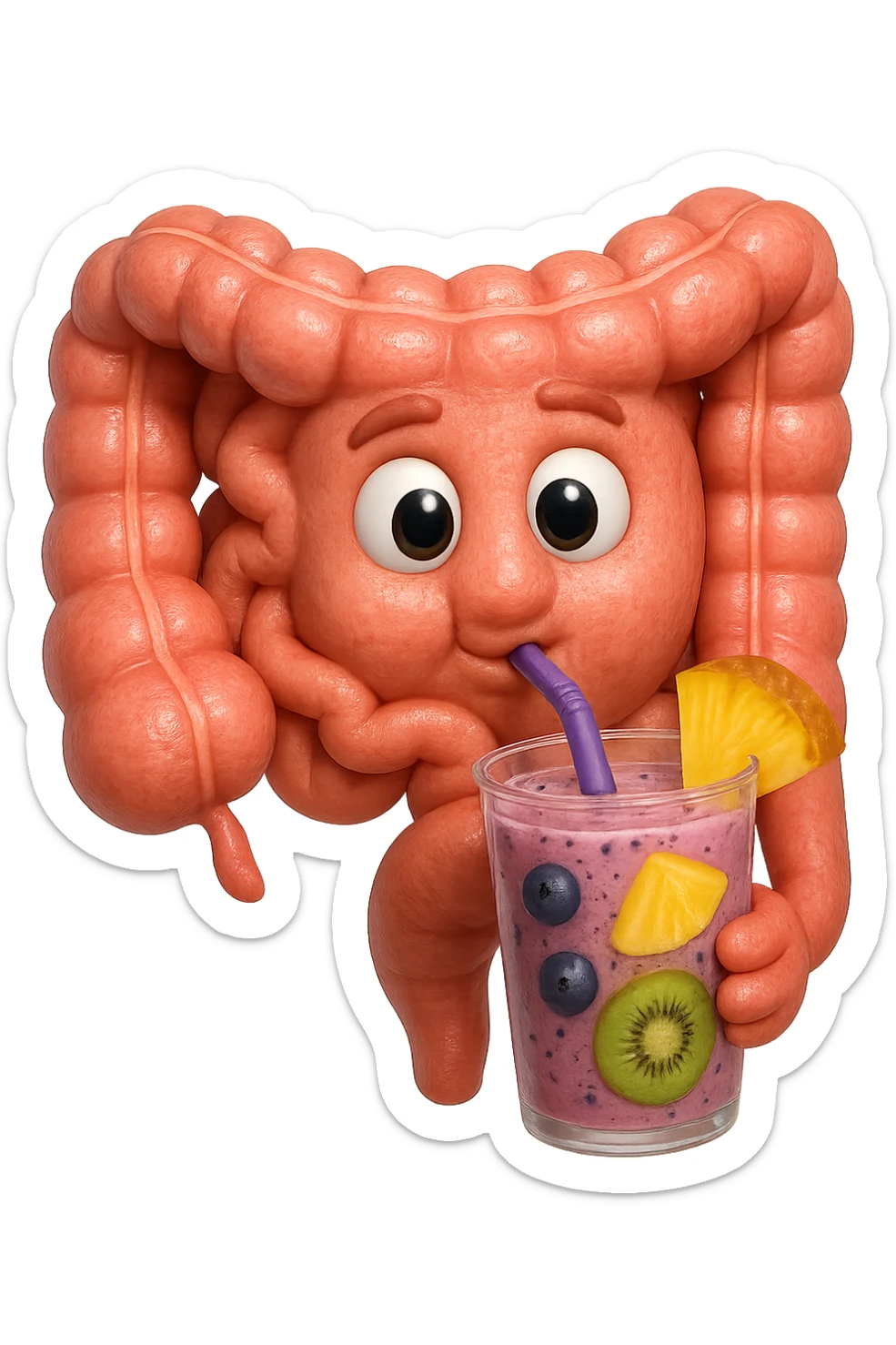 EMOJI STILE IPHONE DI un intestino umano anatomico che beve un frullato di mirtilli, ananas, kiwi, fagli anche la parte bianca degli occhi, non solo le pupille, REALISTICo 4K sticker