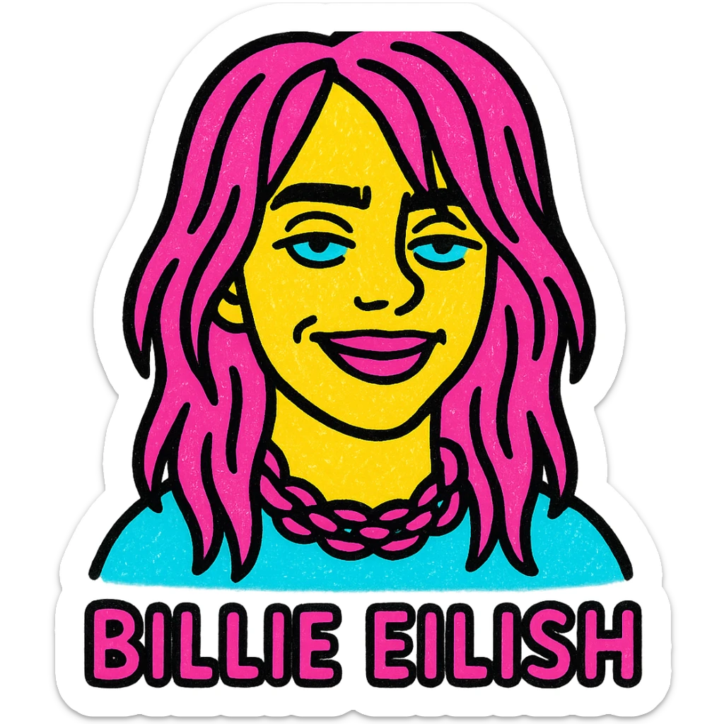 vibrant pop art of Billie Eilish with bold colors, signature look, expressive face sticker