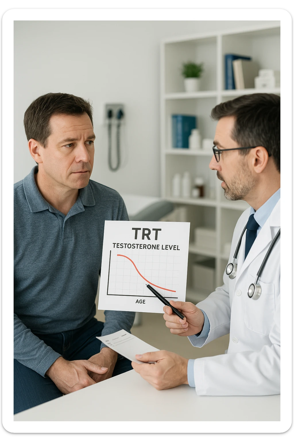 a man in his 40s sits in a doctor’s office, listening attentively as a physician explains TRT (Testosterone Replacement Therapy). The doctor holds a prescription pad and points to an educational chart showing testosterone levels. The mood is professional and informative, with a clean, clinical background. sticker