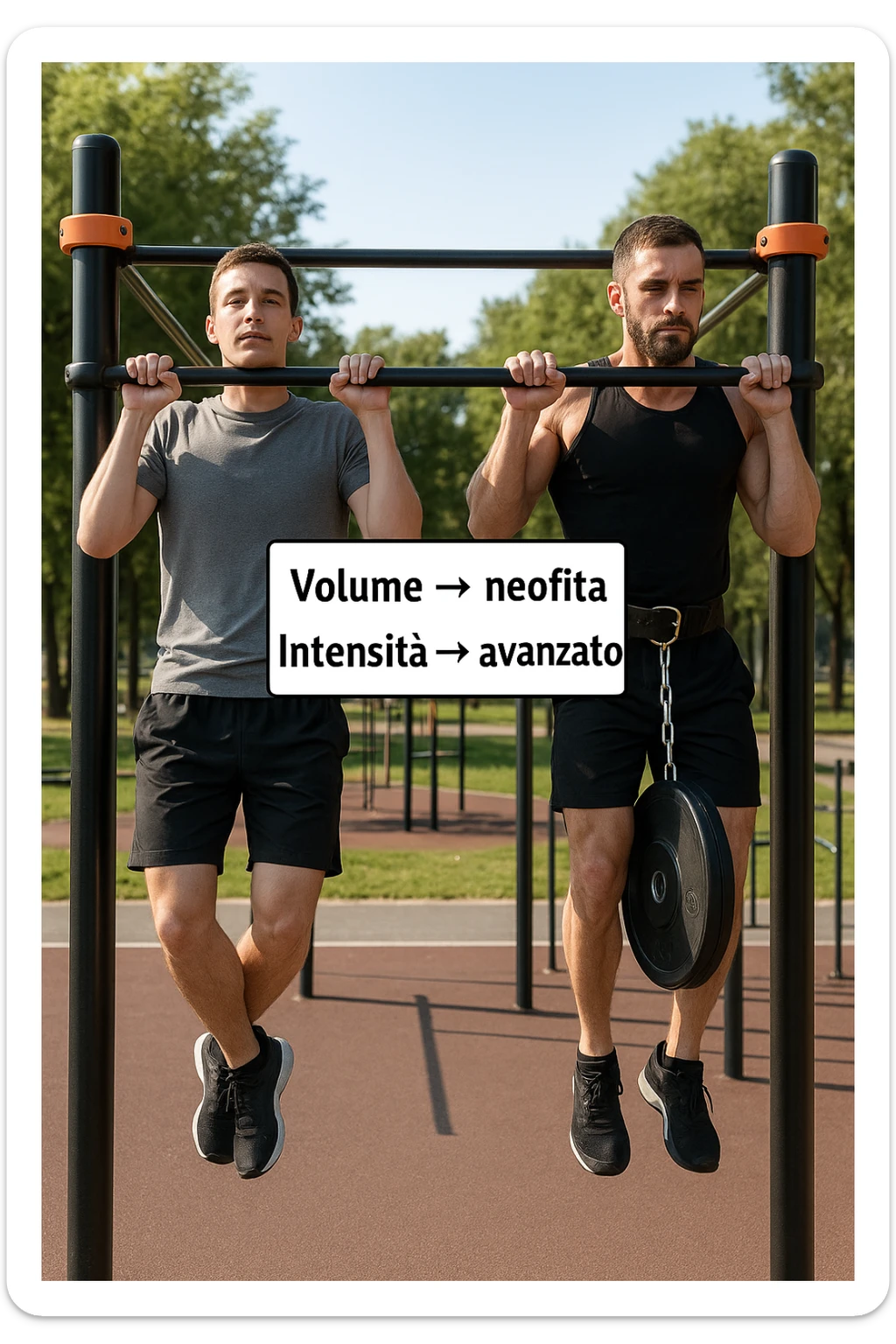 Due atleti fianco a fianco in un parco attrezzato: a sinistra il neofita che fa 10 trazioni leggere con concentrazione, a destra l’atleta avanzato con cintura zavorrata che fa 3 ripetizioni lente e pesanti. Tra loro, grafico sospeso in aria che mostra: 'Volume → neofita | Intensità → avanzato'. Stile realistico con elementi educativi visivi in italiano sticker