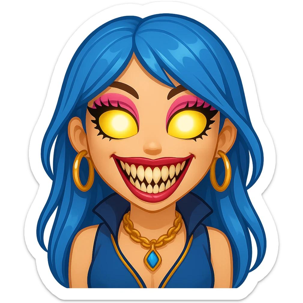 Add glowing eyes to the character, keep the creepy gyaru style with blue hair and pretty makeup, bratz baddie vibe, in emoji style with no background. sticker