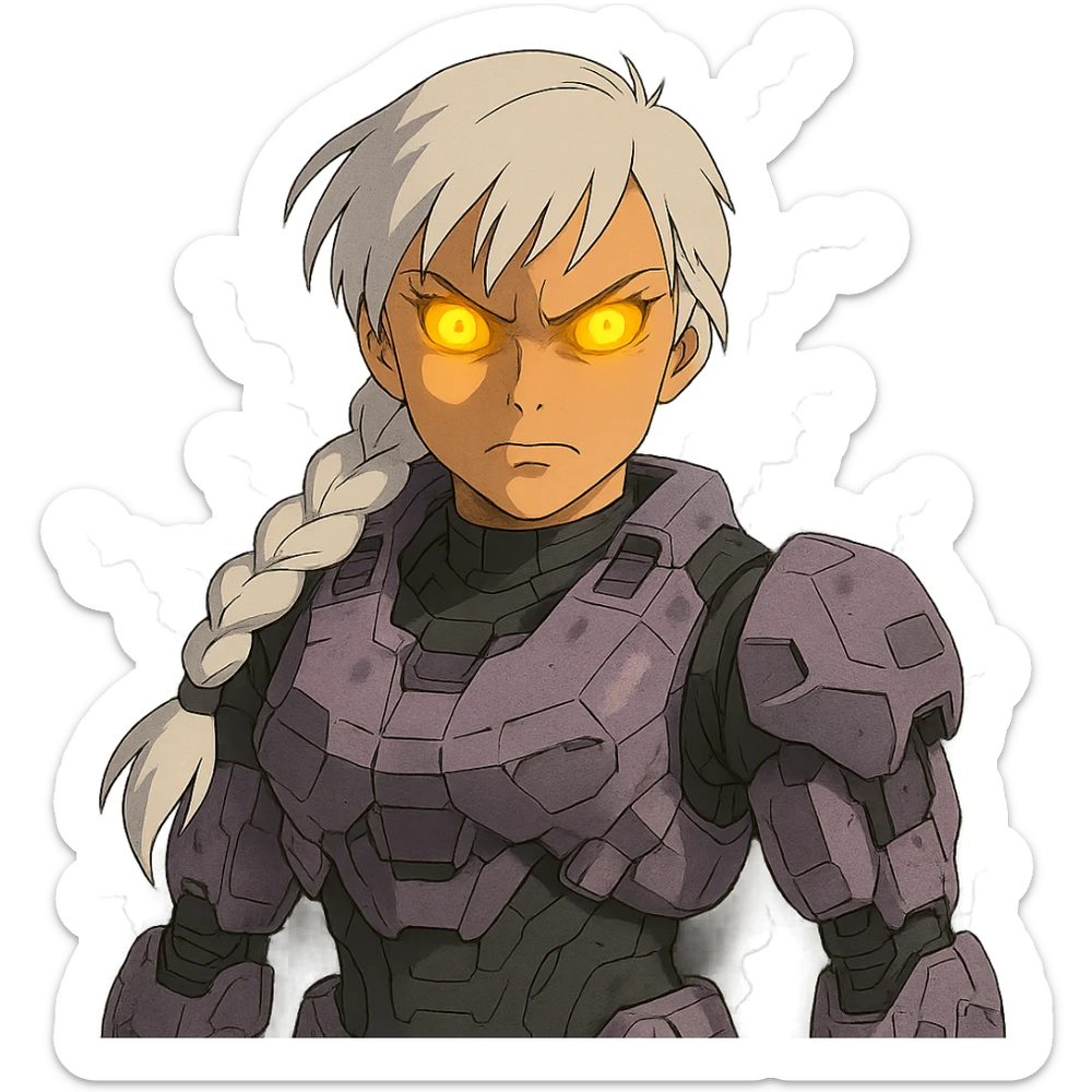 female, wearing reach spartan armor shoulder-unequip, long white braid hair with massive messy front side single bangs, gold yellow eyes, attention pose, D-cup size, HALO:series, no helmet, the armor is lavender color scheme, eyes glowing, demon eye, gleam, rage aura, body steaming dark gray, blue electricity, mouth clowed scowling sticker