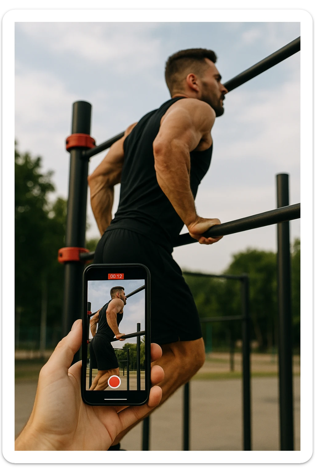 uomo che fa Muscle up e si sta filmando di lato con il telefonino che lo riprende mentre si allena, così da analizzarsi dopo sticker