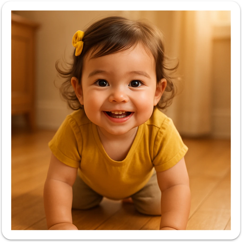 a girl on all fours crawling toward you, cheerful, direct eye contact sticker