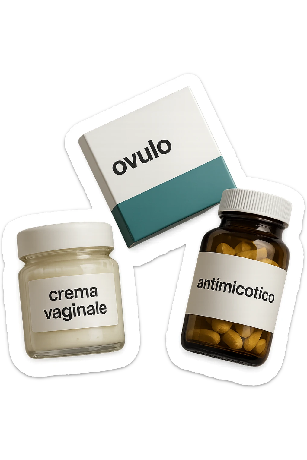 un barattolo di crema con la scritta "crema va**ale", una scatola con farmaco con la scritta "ovulo", un barattolo di farmaco con la scritta "antimicotico" in italiano sulle etichette, fluttuano in aria, IPERREALISTICO 4K sticker
