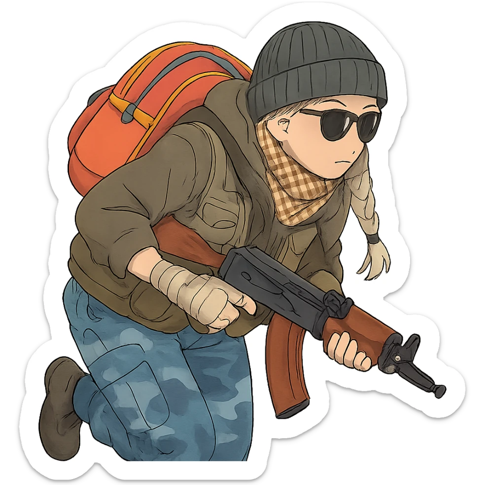 1 female, long white braid, knit cap, dark sunglasses, shemegh neckwrap, fishing vest, vibrant shool backpack, drab hoodie, handwraps, blue camo pants, AKS-74U, hunched over, on the move sticker