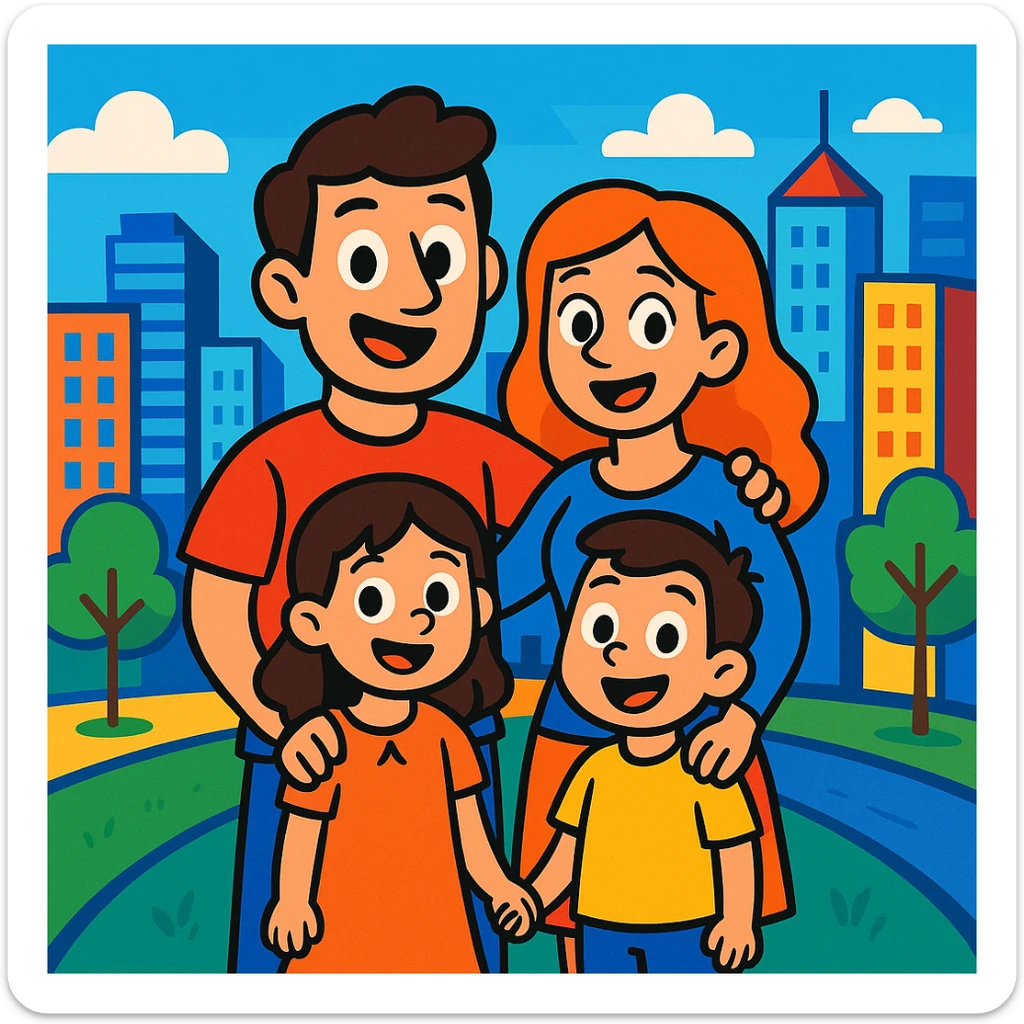 cartoon family standing together in a city, colorful, cheerful, modern urban background, vibrant toon style sticker