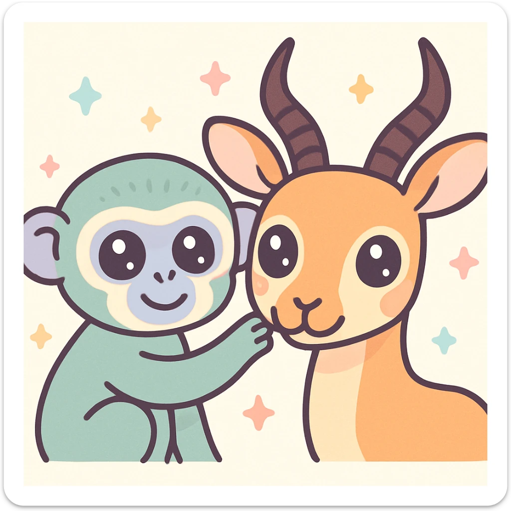 cute cartoon of a vervet monkey and an impala head together, big eyes, playful style sticker