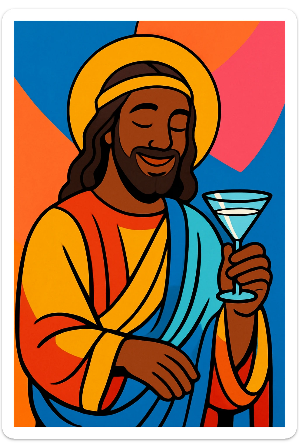 Black Jesus holding a vodka glass, gentle smile, contemporary art style, vibrant colors sticker