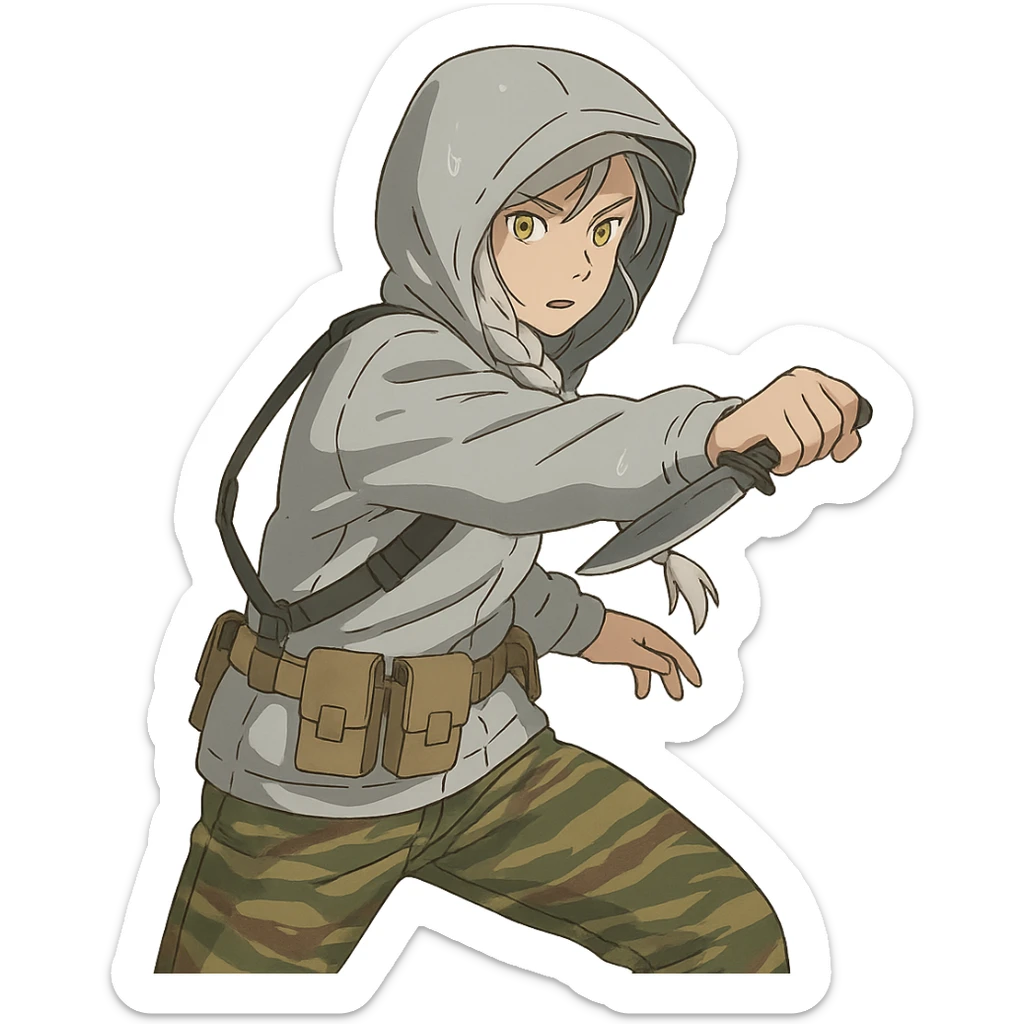 1 female, mid-20's  white hair long braid, gold yellow eyes, light gray rainproof waterproof tactical jacket, hood up, tight-fitting single point sling, tan mag pouches on belt rig, tiger stripe camo pants, holding a combat blade, striking, swinging sticker