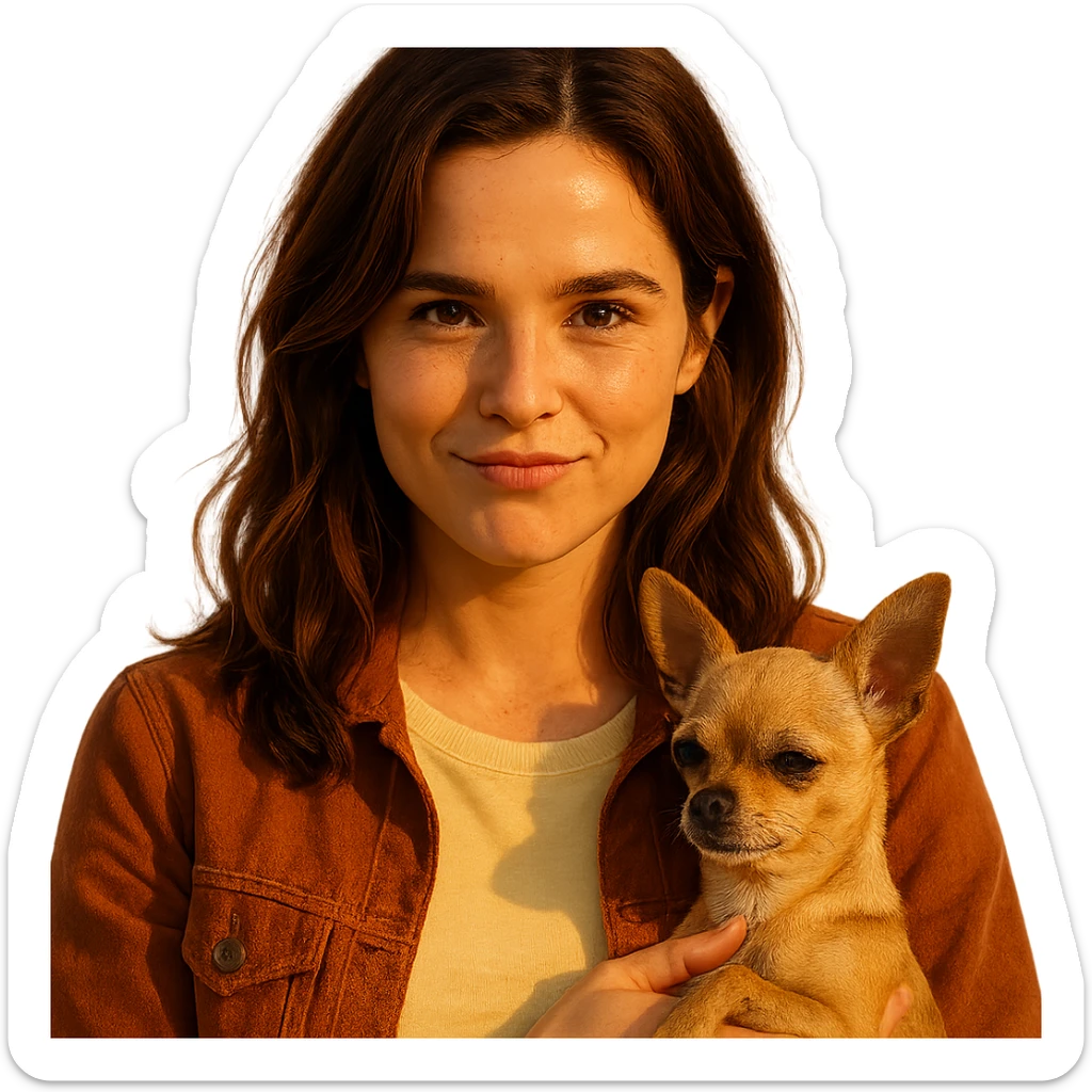 portrait centered of a woman inspired by the face of Zoe Deutch, tanned complexion, subtle freckles, playful and determined expression, medium-length brown hair with auburn highlights, shirt color #FFF8CA, rust-colored jacket, holding a beige-brown chihuahua, golden hour effect, transparent background, Netflix series style sticker
