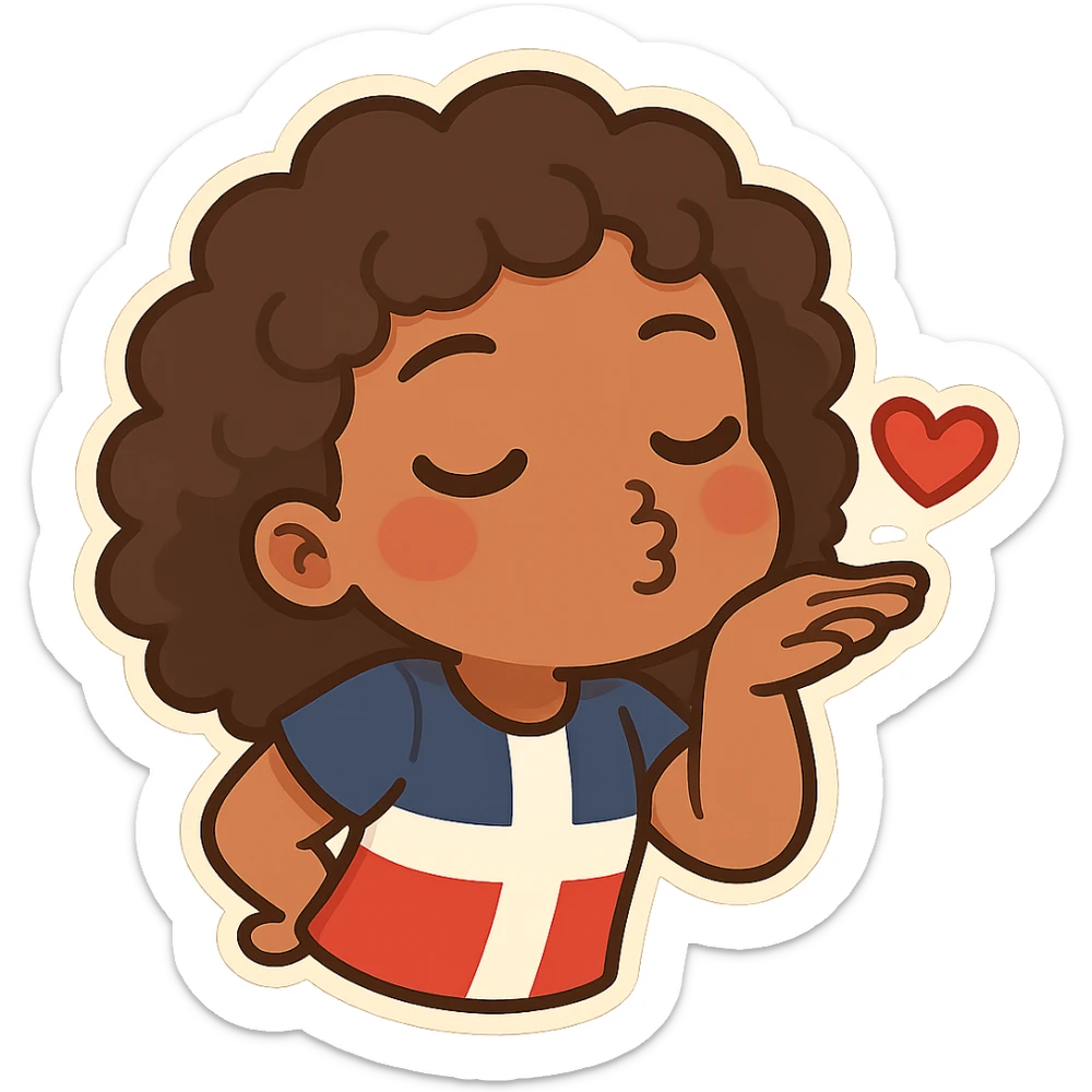 chibi emoji of a Dominican character with curly hair and brown skin, blowing a kiss sticker