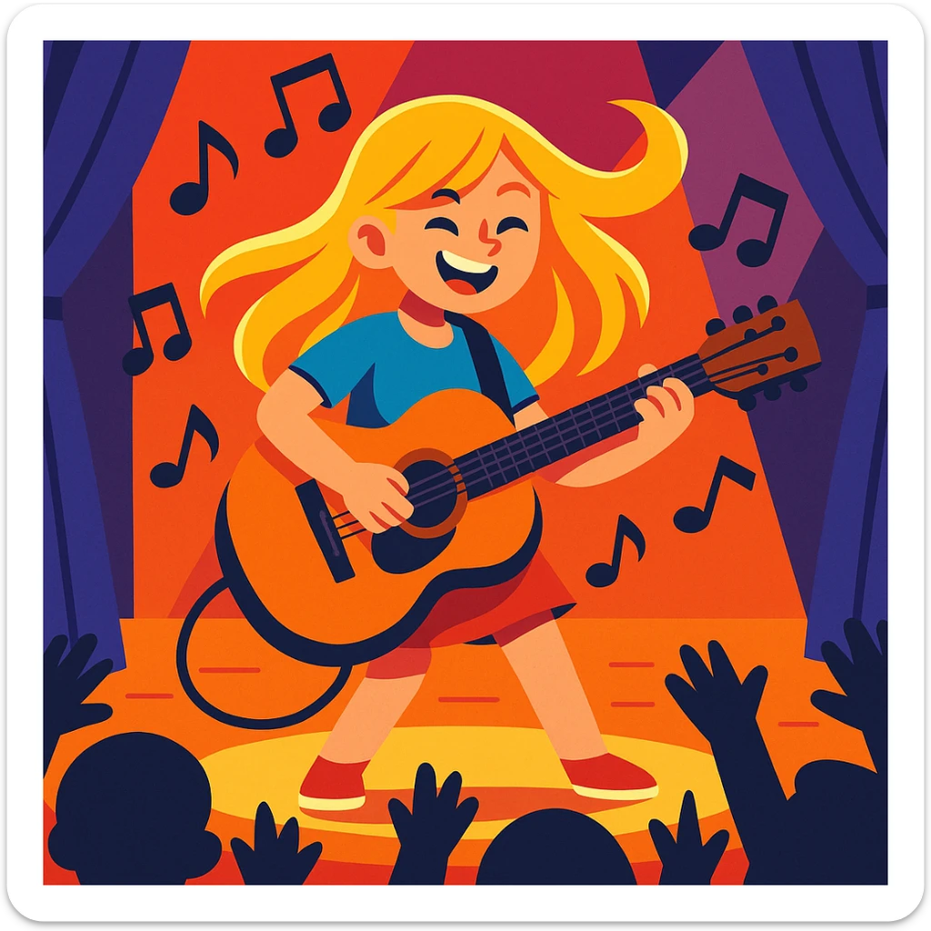 blonde girl playing guitar on a stage, music notes in the air, energetic concert vibe sticker