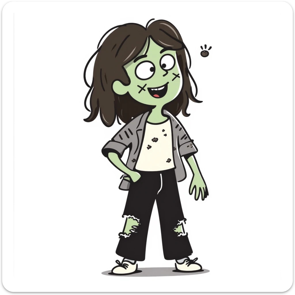 Girl zombie with messy long brown hair, stitches on face, pale green skin, and torn clothes sticker