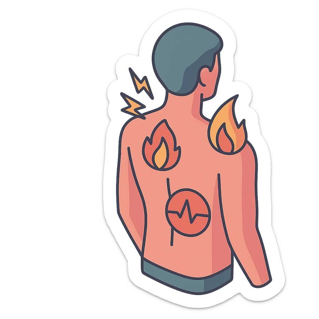 Silhouette of a back with pain zones indicated by lightning bolts in the neck area, pulse in the lower back, and fire in the shoulder blades. Style: 2D Isometric with clear shadows and highlights, transparent background. sticker