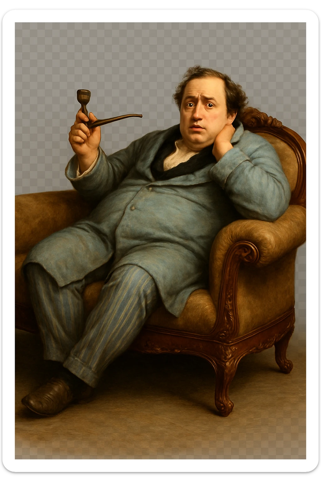 Герой Обломова в слегка рисованном, но при этом реалистичном и объемный стиле, со слегка растерянным видом развалился на дорогой кушетке 19 века, прозрачный фон sticker