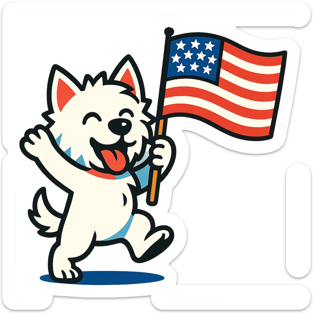 white Westie dog joyfully waving a United States flag, sense of celebration, vibrant toon style sticker