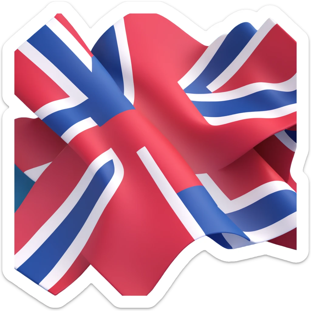Norwegian flag of Norway simplified as a 3D icon, clean lines, bold red background with blue cross outlined in white, minimalistic, no text, 3D effect sticker