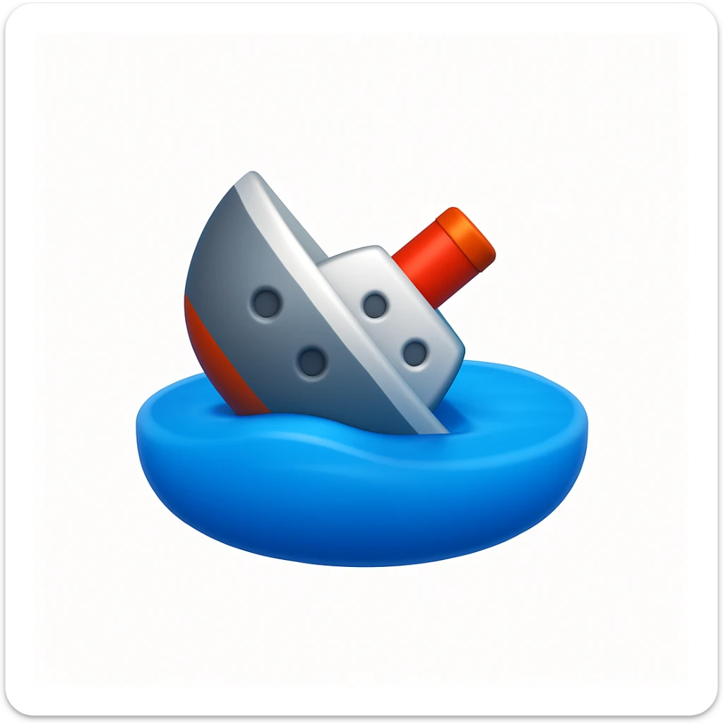 A 3D emoji in iOS emoji aesthetic style of a ship almost completely submerged underwater, with only the back tip of the vessel still visible above the ocean surface, calm blue water, no waves, glossy Apple-style design, clean white background

 sticker