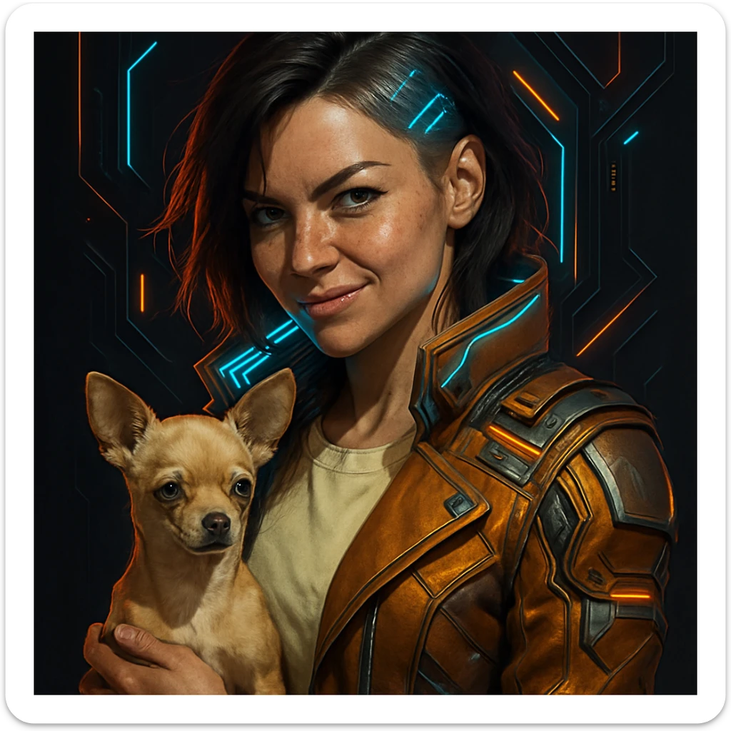 Portrait of a woman with tanned skin and subtle freckles, wearing a shirt in color #FFF8CA and a cognac jacket. She has medium-length brown hair with auburn highlights, a rebellious and playful expression. Futuristic style illustration with high-tech elements, metallic colors, and neon lights. She is holding a beige-brown chihuahua. Dark background. sticker