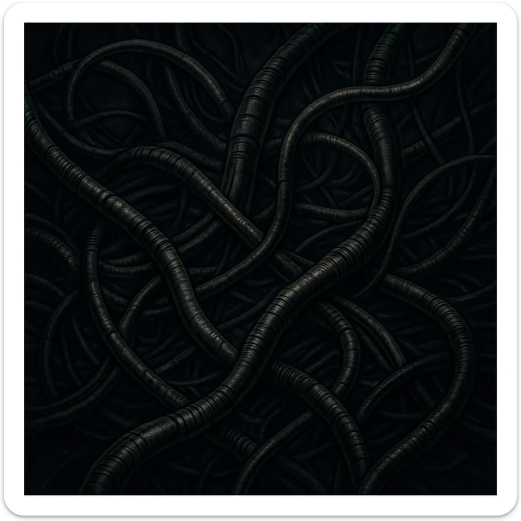 intertwined wires in the style of H.R. Giger, biomechanical, dark, surreal, intricate details sticker