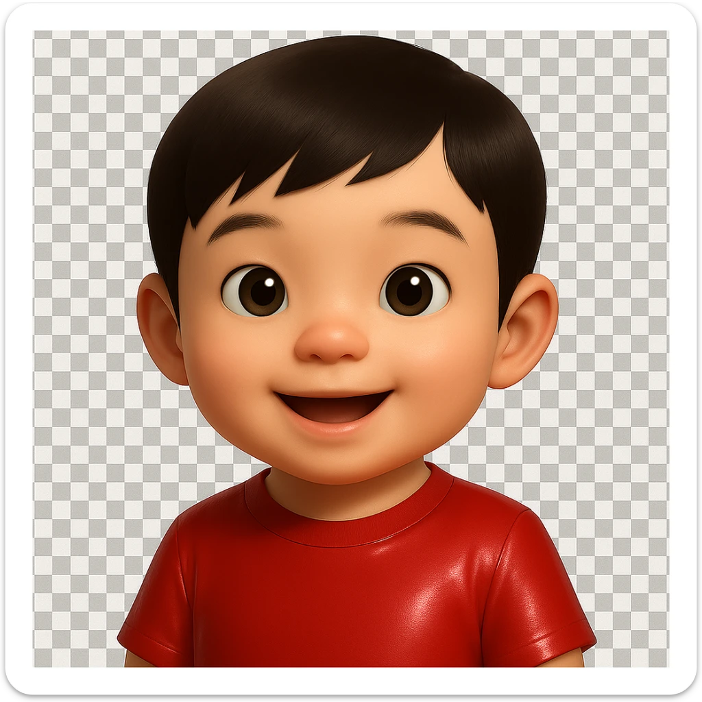 Edit the cute Asian baby boy emoji by changing the shirt color to red while keeping the rest of the emoji unchanged. Use a soft glossy texture and make the style about 80% realistic. The background should be transparent (no background). sticker