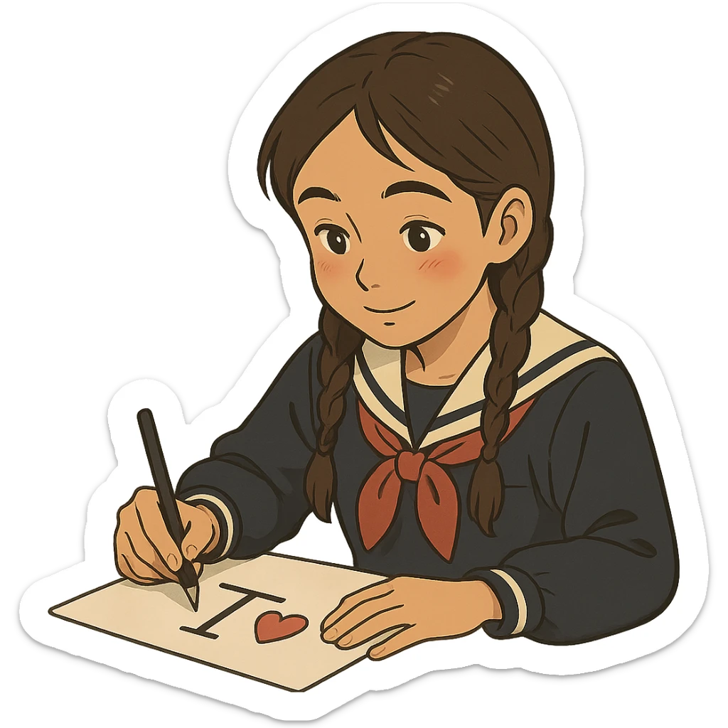 Kazakh girl in Korean school uniform, drawing a T with a heart on paper in ghibli style sticker