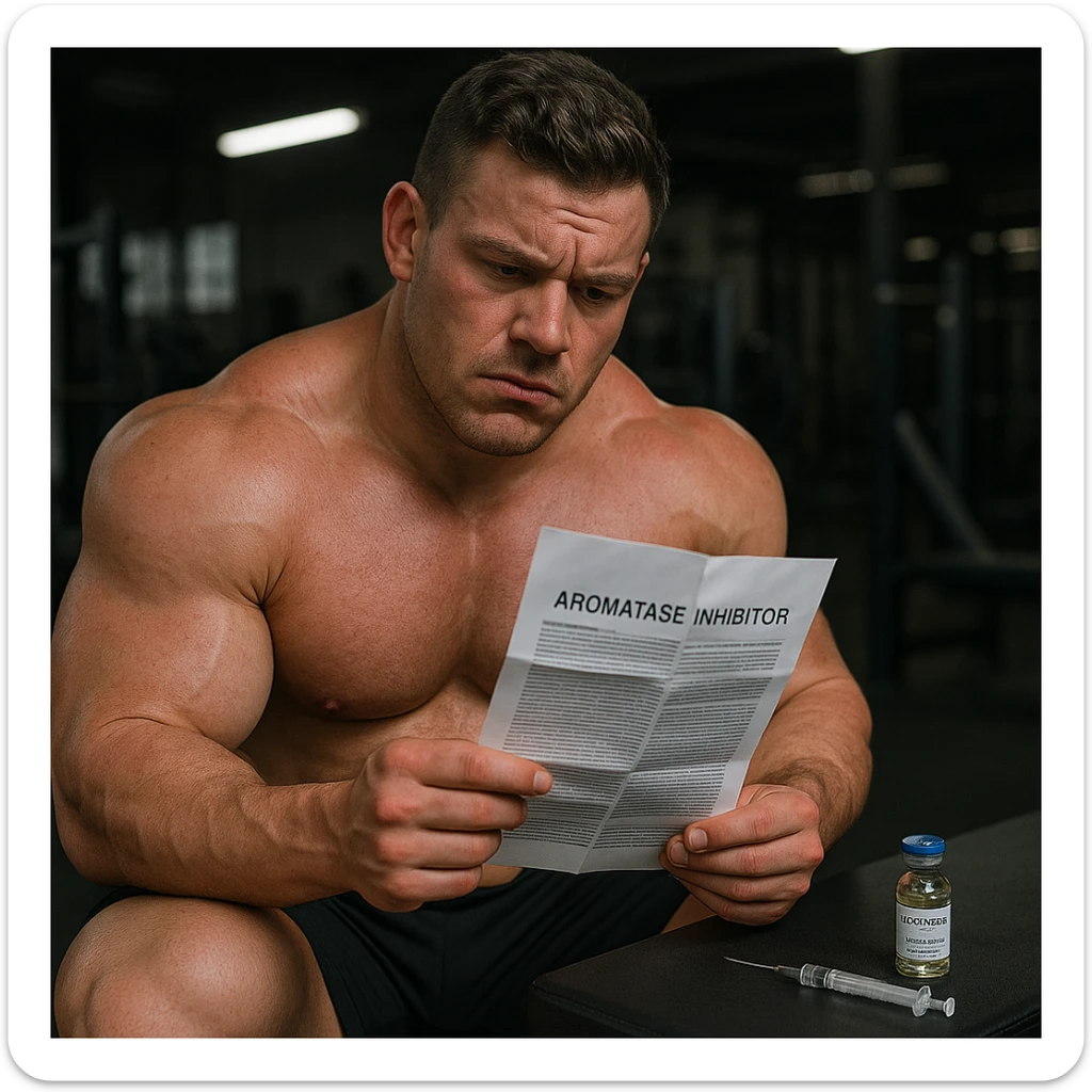 realistic beginner bodybuilder reading leaflet of aromatase inhibitor, vial of testosterone nearby, swollen muscles but red skin, doubtful atmosphere, gym background, 4K quality sticker