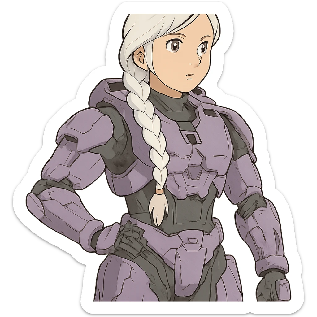 female, wearing reach spartan armor default, long white braid hair, gold yellow eyes, attention pose, halo series, no helmet, the armor is lavender color scheme and has no shoulder pad attachments sticker