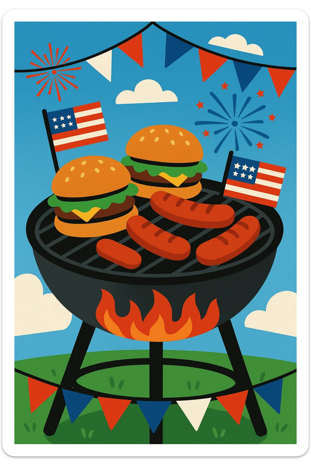 barbecue grill with burgers and hot dogs, 4th of July, summer, festive sticker