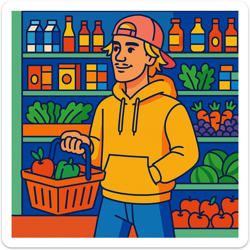 Justin Bieber at a grocery store, holding a shopping basket, vibrant toon style sticker