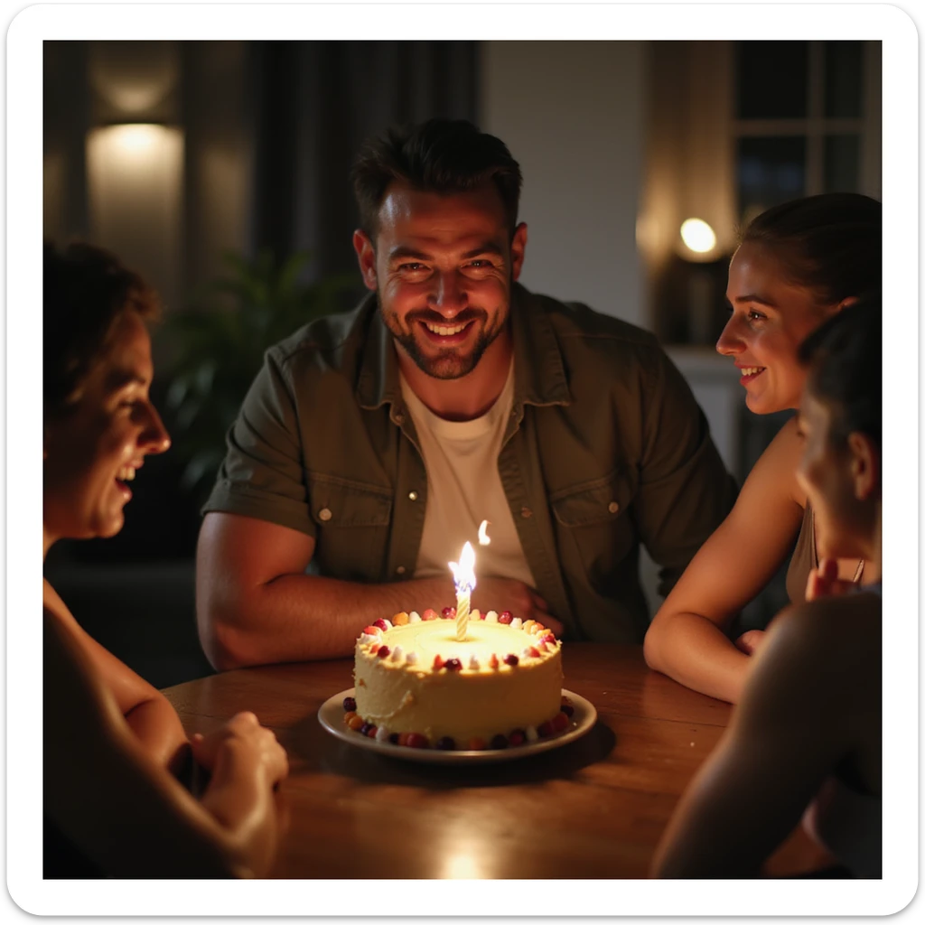 4K detailed birthday party scene of a man blowing out candles receiving a gift of gym clothes or a gym membership, friends joking about slow metabolism, cheerful atmosphere sticker