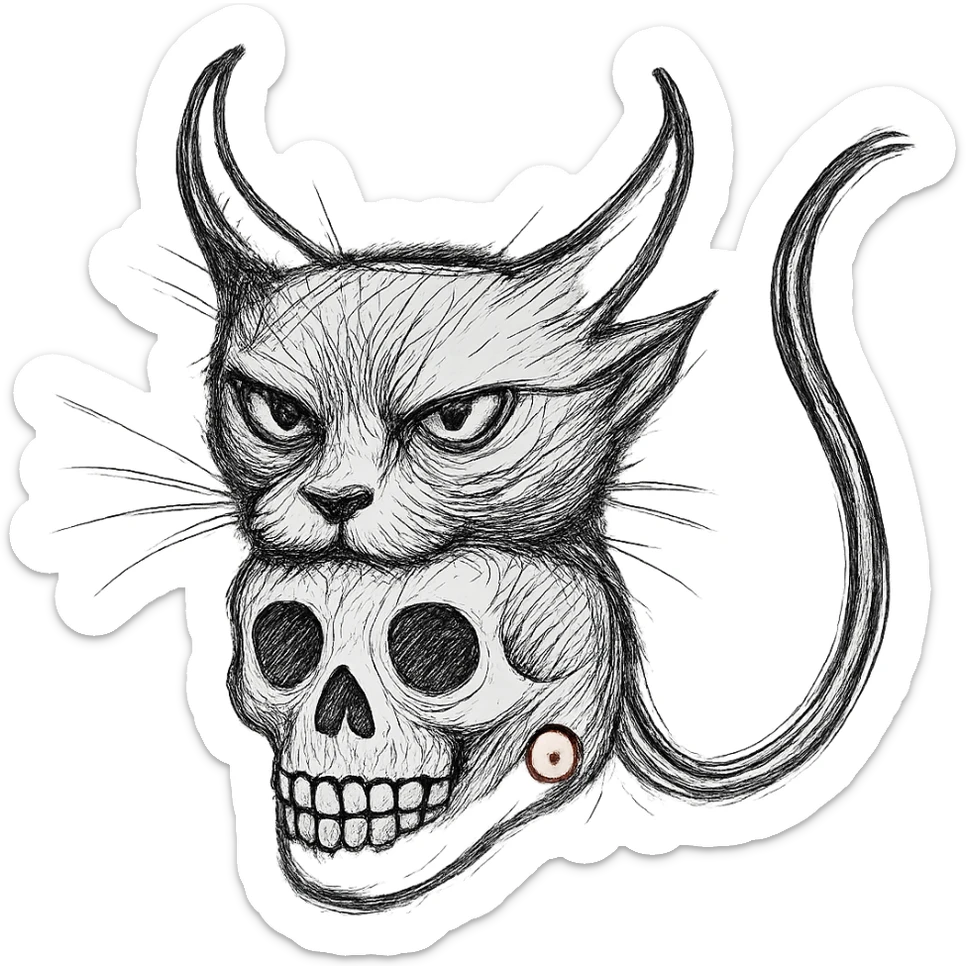 Make the black cat with demon horns and skull less cartoonish, more realistic hand drawn style, expressive linework, no fill, preserve the red spiral on the skull, transparent background. sticker