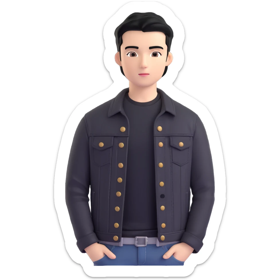 3D emoji Microsoft style, young man with black hair, wearing black t-shirt and black denim jacket, based on photo reference sticker