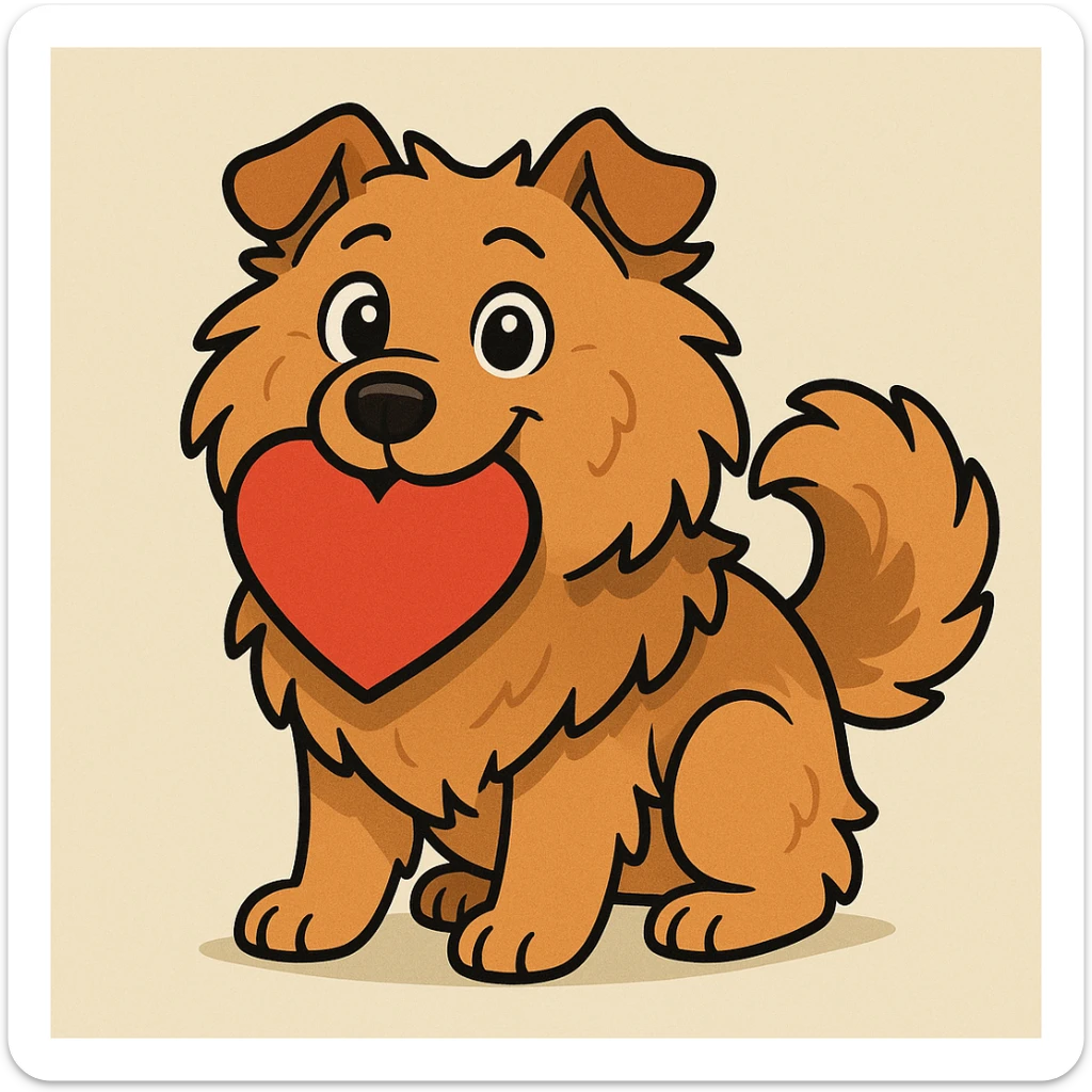 cute cartoon-style Golden Retriever and Chow Chow mix dog holding a red heart in its mouth, big eyes, fluffy fur, playful look, simple background sticker