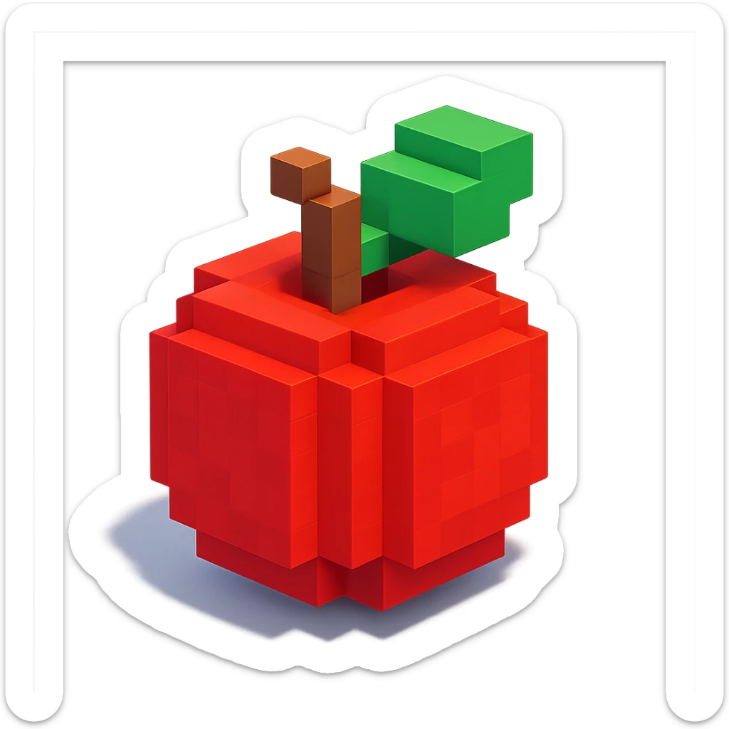 voxel-style red apple with a green leaf, simple cubic shapes, isometric view sticker