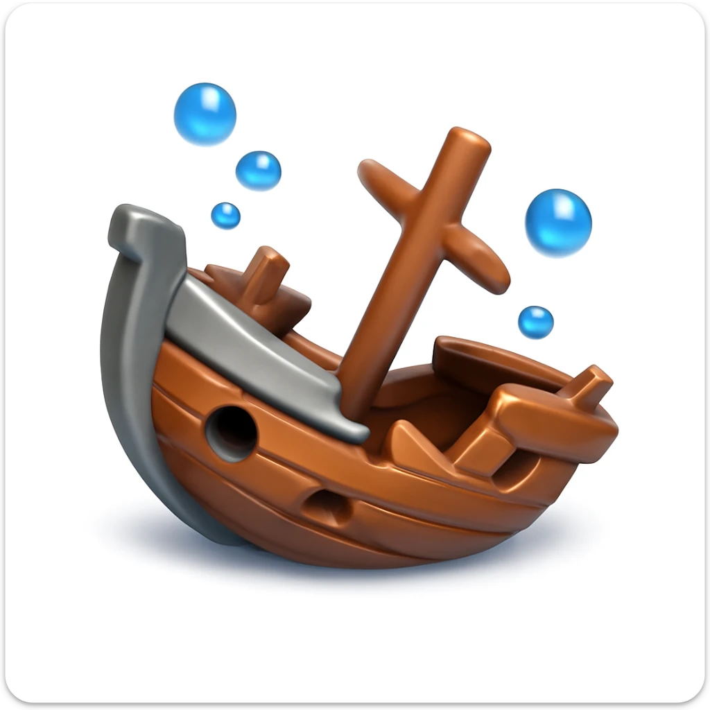 3D iPhone style emoji of a sunken shipwreck, metallic and wooden parts broken, lying underwater, surrounded by small bubbles, no trees, isolated on white background, soft shadows, high detail, playful and cute. sticker