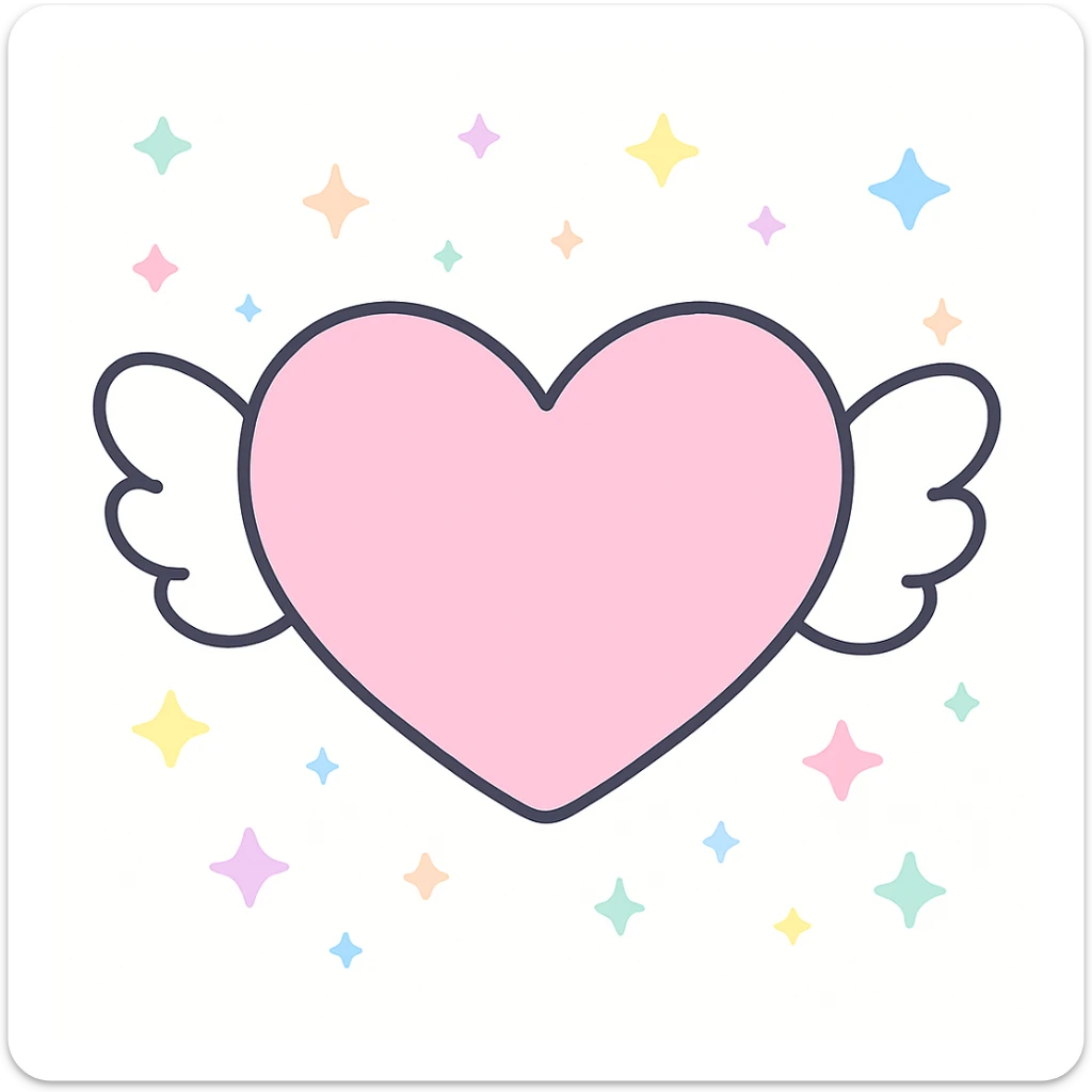 Remove the face from the winged heart emoji, keep the aesthetic cute kawaii style with soft pastel colors and sparkles, simple and charming design. sticker