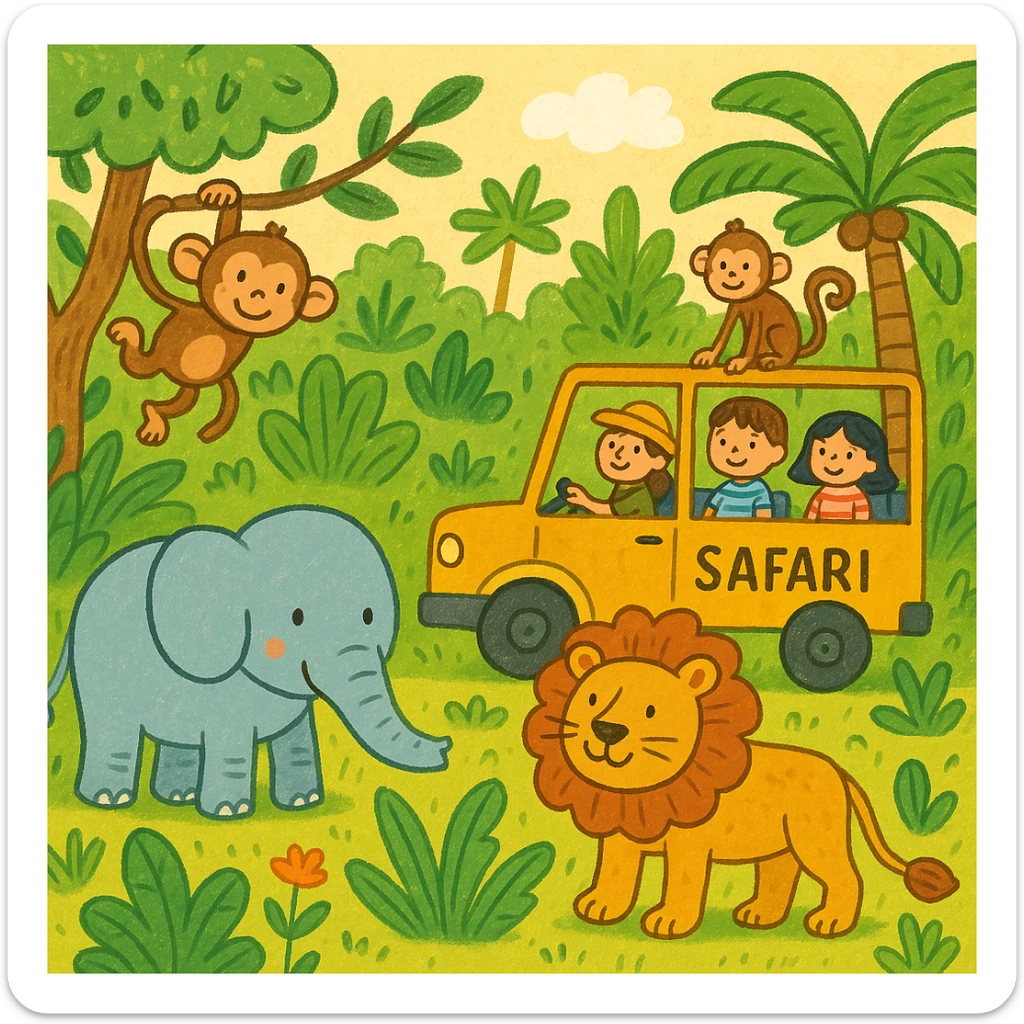 hand drawn digital illustration of jungle safari in the style of children's illustration sticker